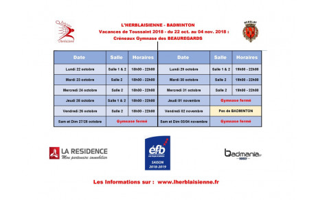  Créneaux Bad Toussaint 2018