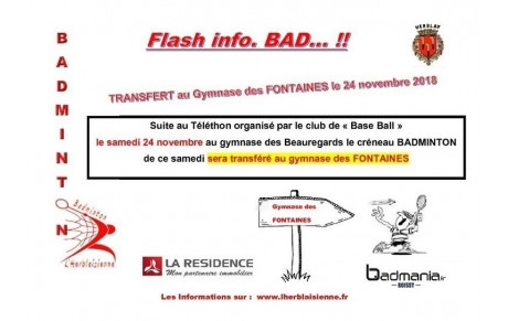 Transfert Bad le samedi 24 nov. 2018