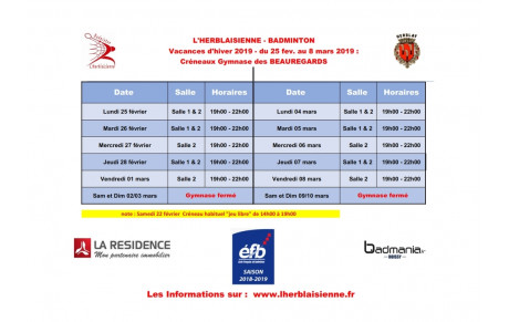 Créneaux Bad &quot; jeu libre &quot; congés d'Hiver 2019